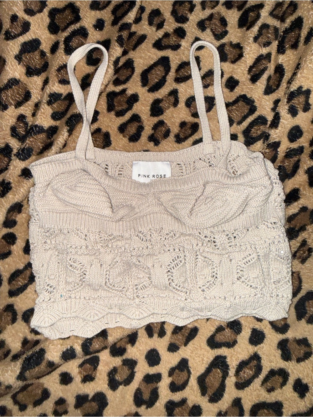 Pink Rose Beige Crochet Knit Camisole with Scalloped Hem